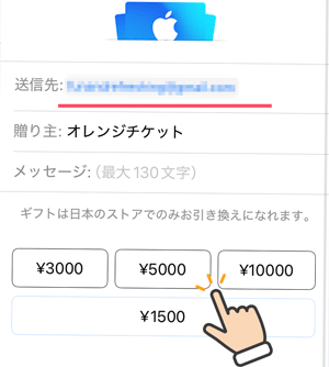 Appleギフトカード購入／送信先メアド入力・金額選択