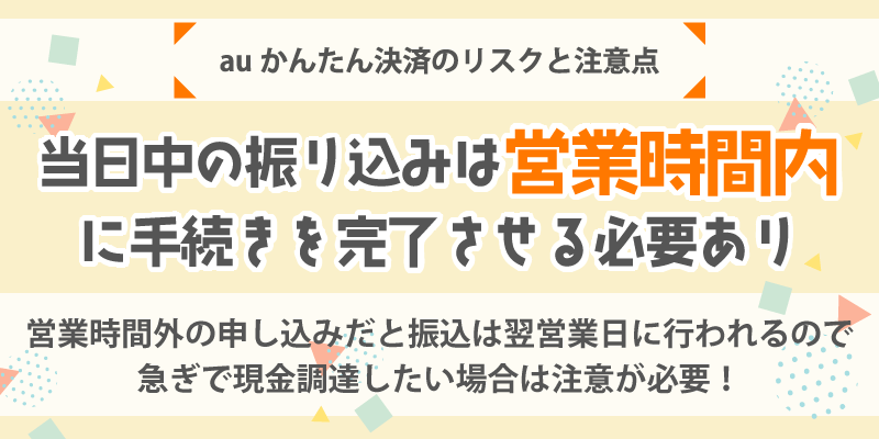 auかんたん決済現金化のリスクと注意点／当日中に振り込んでもらうには営業時間内に手続きを完了させる必要がある